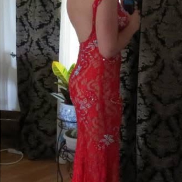 Jovani Beige and Red Lace Dress - Picture 1 of 4